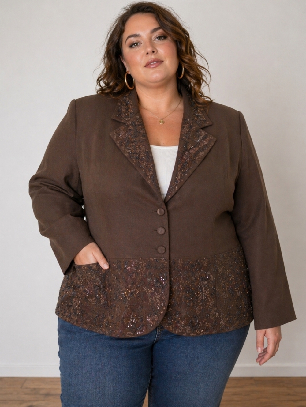 Emily Brown Embroidered Beaded Peplum Blazer Jacket‎ 28W Plus Boho Glam
